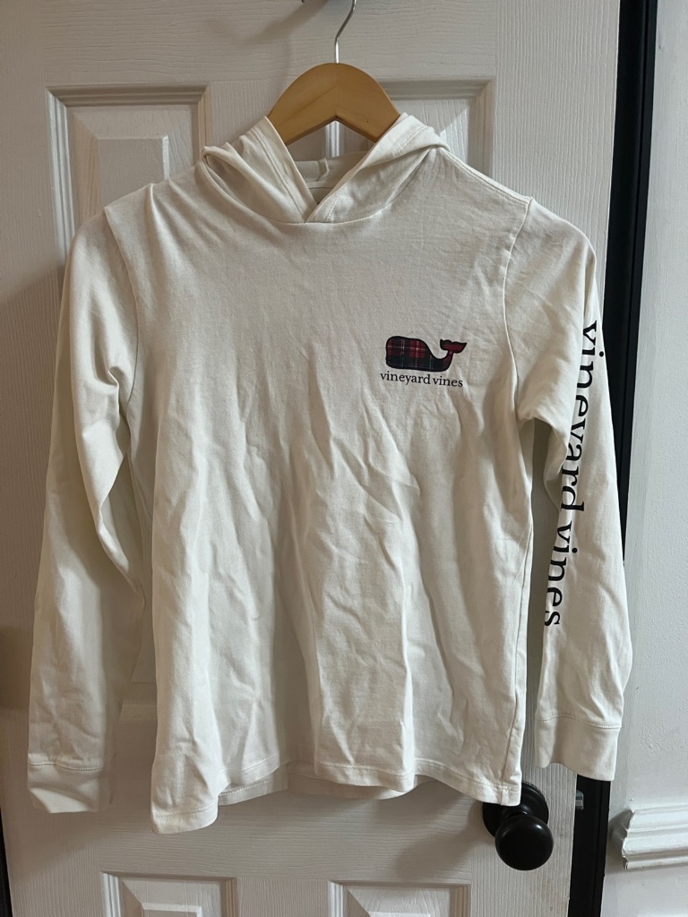 Vineyard Vines Cream Hoodie with Red Plaid Whale